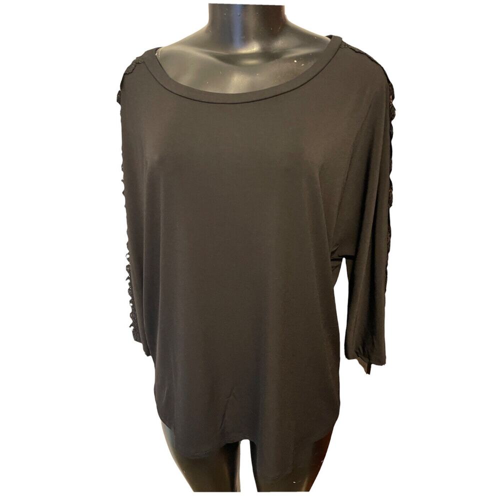 Large Linda Leal 3/4‎ Sleeve Embellished Sleeve Women's Top Black